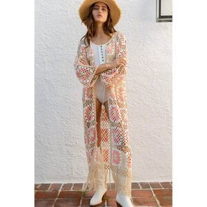 POL Kauai Crochet Long Tie Cardigan in Blush Beige FST317A
